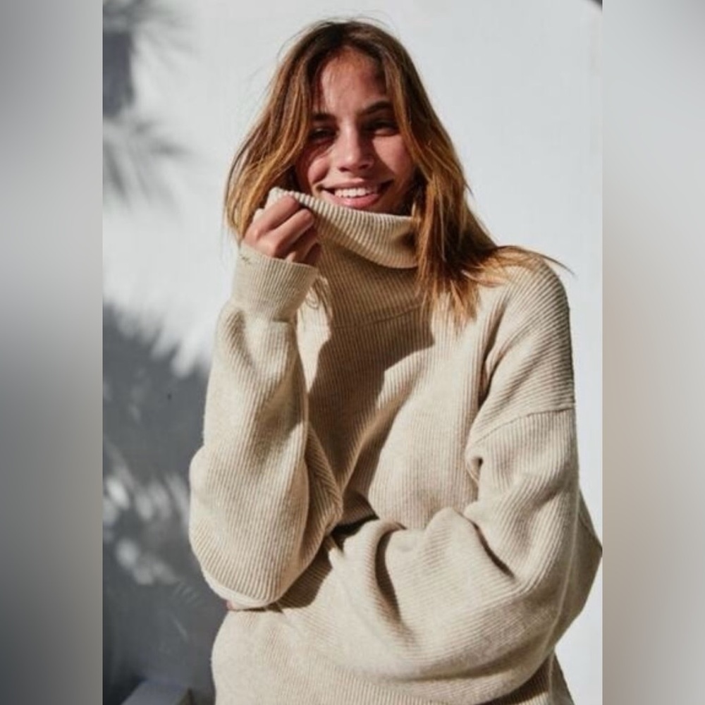 Free People Oversized Turtleneck Sweater in Beige